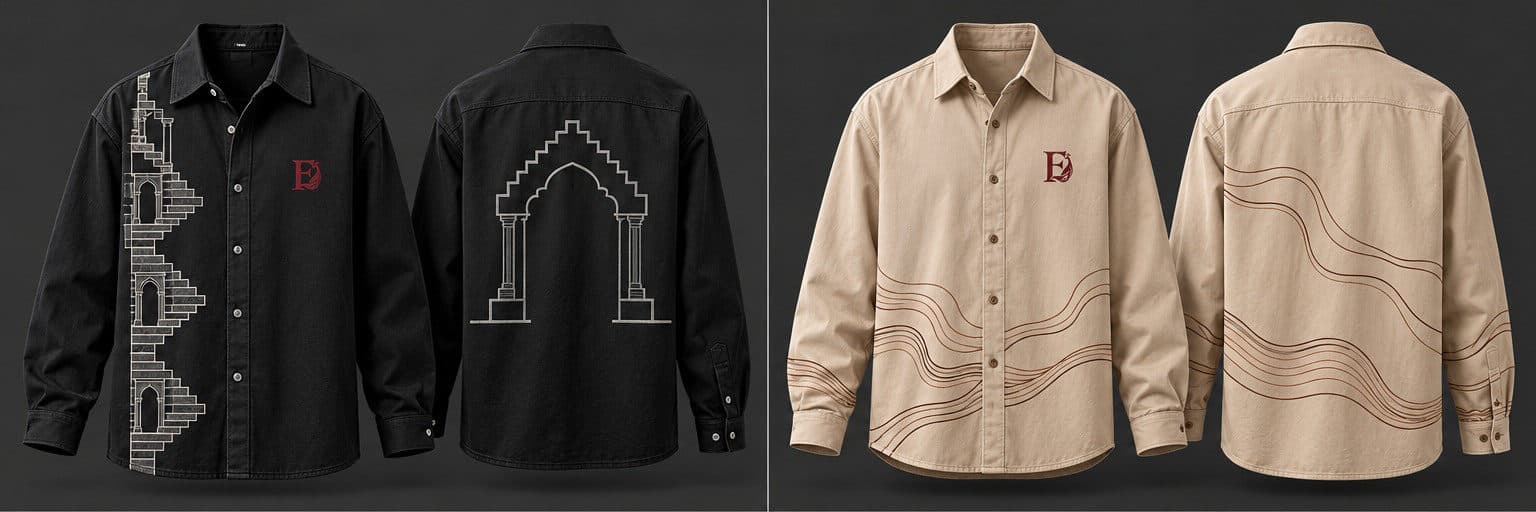 FLUX Stepwell Noir and Contour Dune overshirts